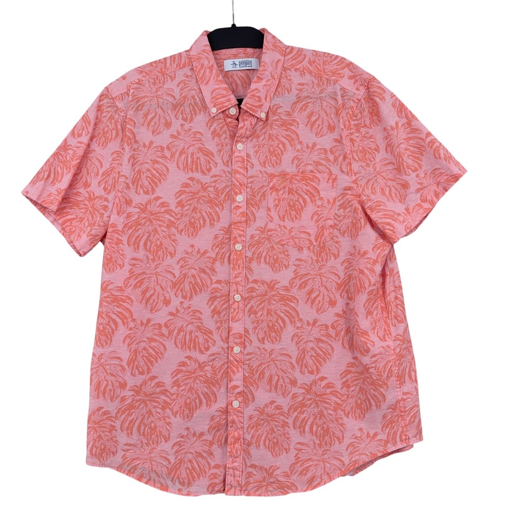 Original Penguin Button Down Shirt Mens L Tropical Leaf Print Pink Short Sleeve